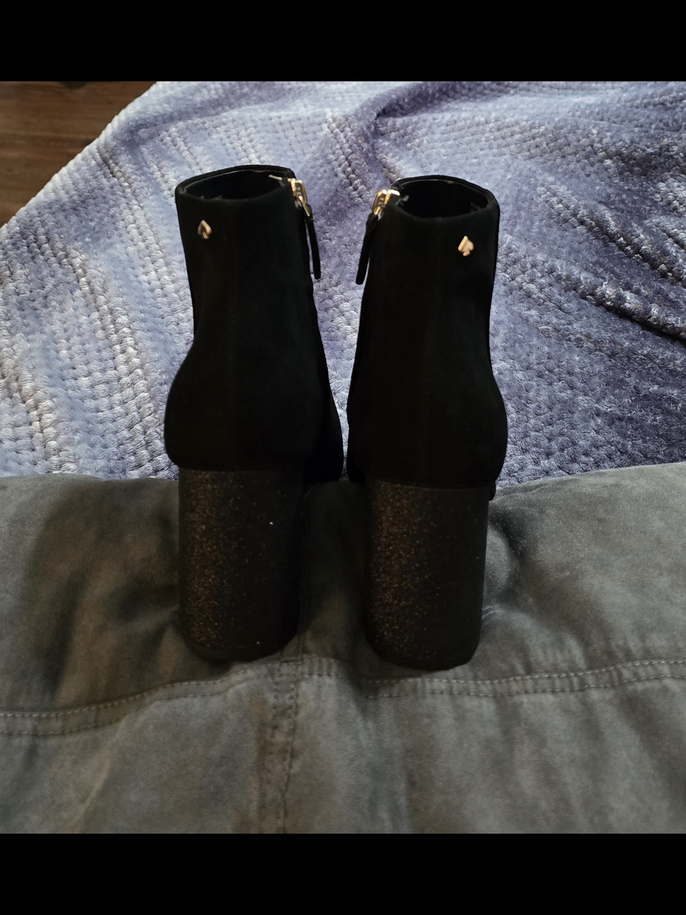 kate spade Black Suede Ankle Booties with Glitter Block Heel. - Picture 4 of 8